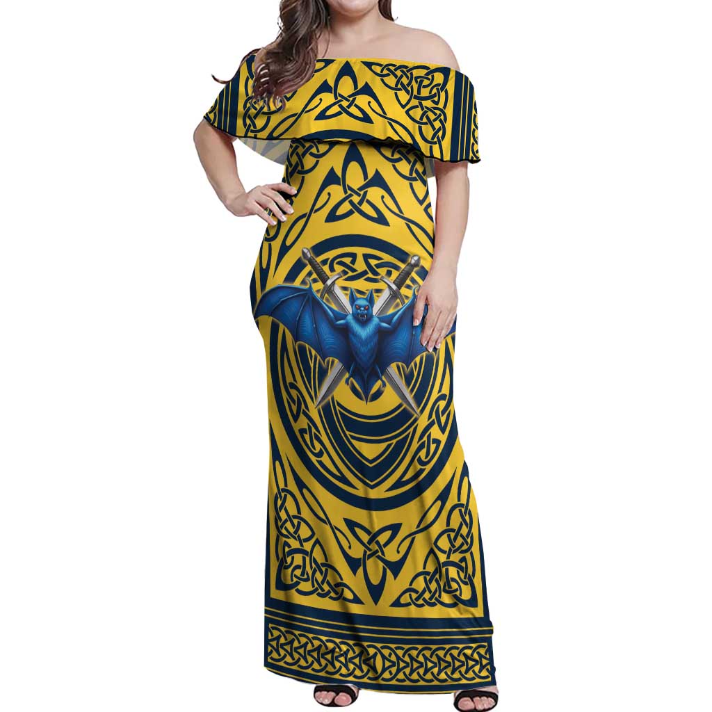 Personalized Brecknockshire Wales Off Shoulder Maxi Dress Welsh Celtic Bat And Swords Design - Wonder Print Shop
