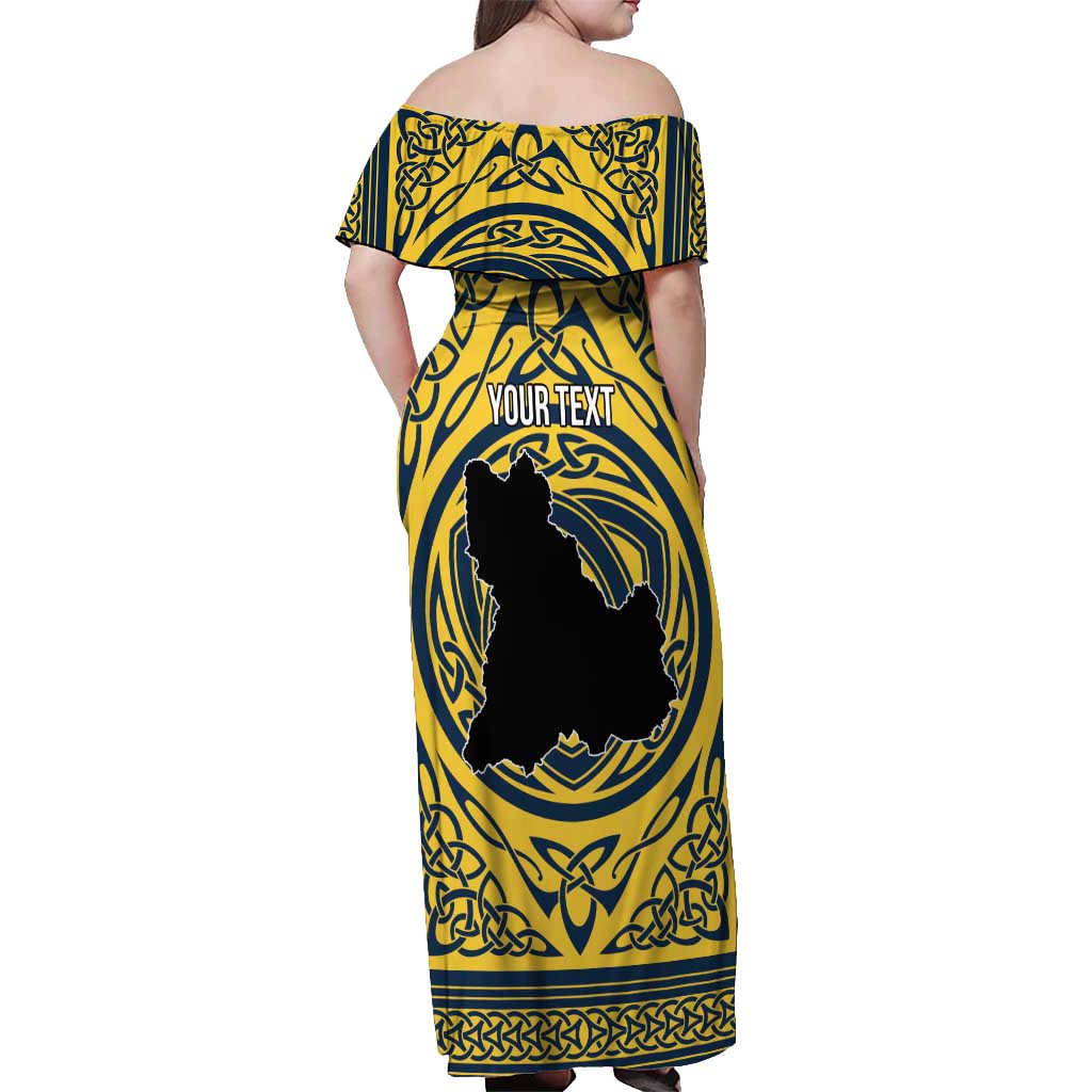Personalized Brecknockshire Wales Off Shoulder Maxi Dress Welsh Celtic Bat And Swords Design - Wonder Print Shop