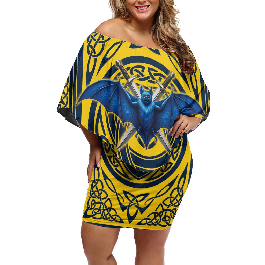 Personalized Brecknockshire Wales Off Shoulder Short Dress Welsh Celtic Bat And Swords Design - Wonder Print Shop