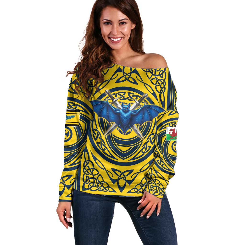 Personalized Brecknockshire Wales Off Shoulder Sweater Welsh Celtic Bat And Swords Design - Wonder Print Shop