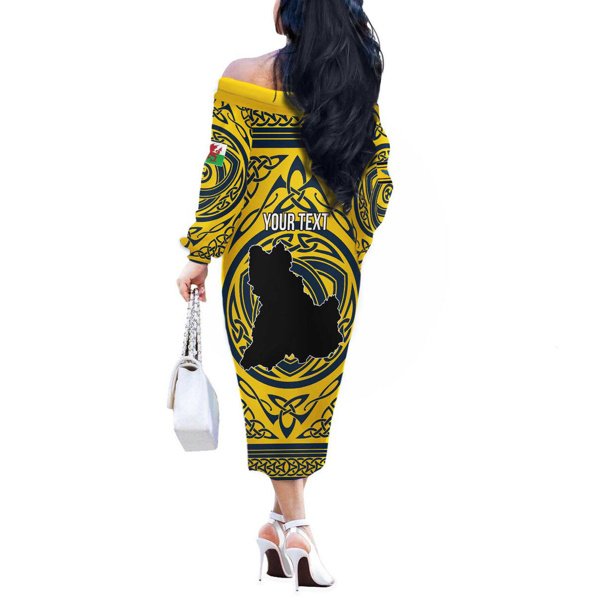 Personalized Brecknockshire Wales Off The Shoulder Long Sleeve Dress Welsh Celtic Bat And Swords Design - Wonder Print Shop