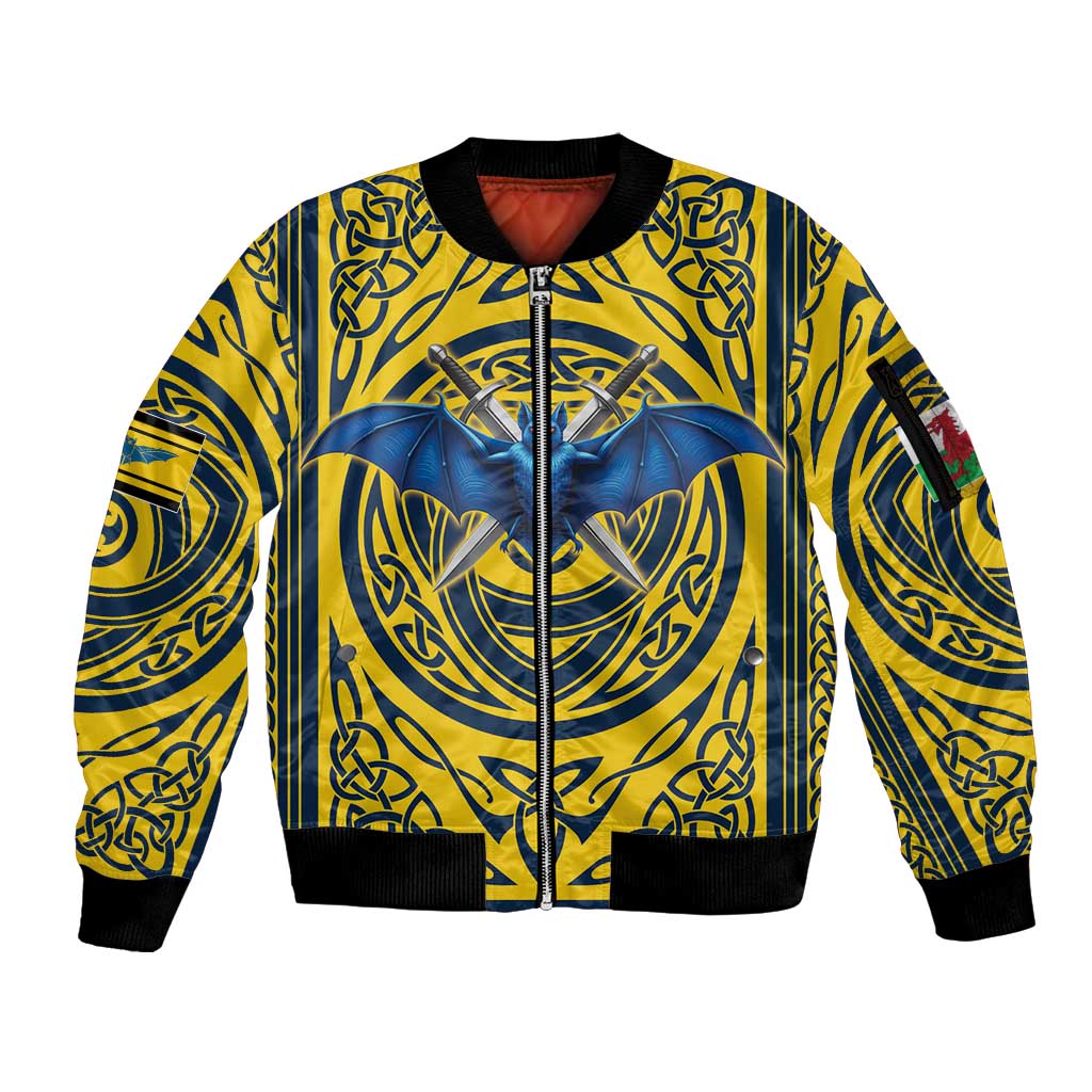 Personalized Brecknockshire Wales Sleeve Zip Bomber Jacket Welsh Celtic Bat And Swords Design - Wonder Print Shop