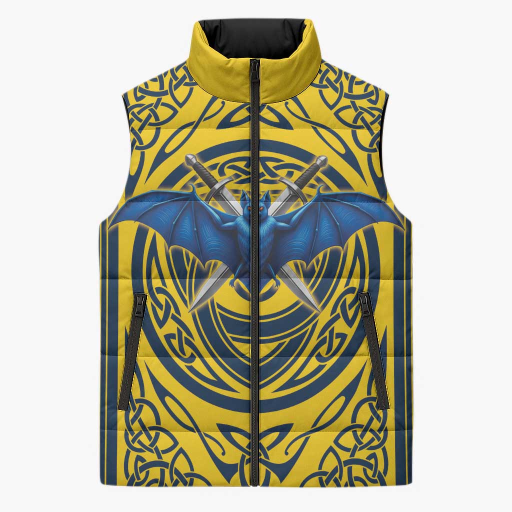Personalized Brecknockshire Wales Sleeveless Puffer Jacket Welsh Celtic Bat And Swords Design - Wonder Print Shop