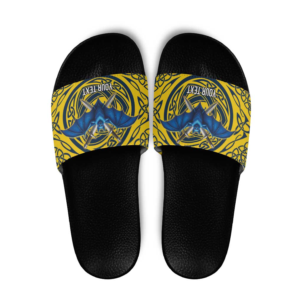 Personalized Brecknockshire Wales Slide Sandals Welsh Celtic Bat And Swords Design - Wonder Print Shop