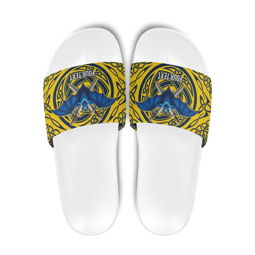 Personalized Brecknockshire Wales Slide Sandals Welsh Celtic Bat And Swords Design - Wonder Print Shop