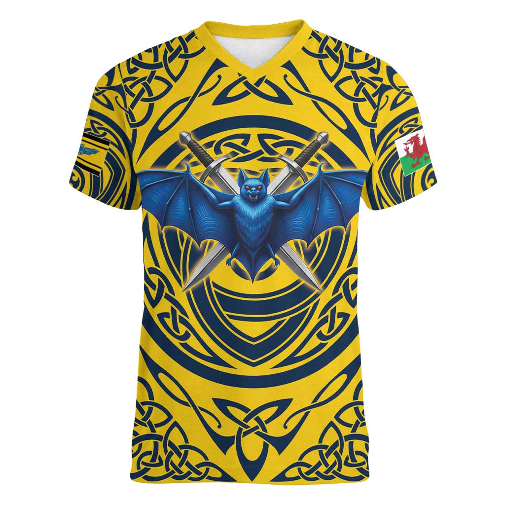 Personalized Brecknockshire Wales Women V-Neck T-Shirt Welsh Celtic Bat And Swords Design - Wonder Print Shop