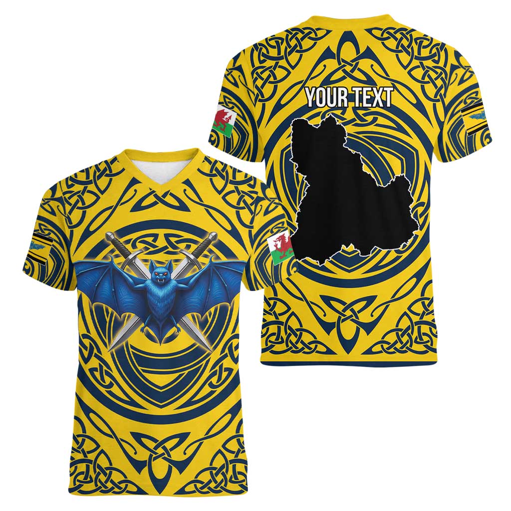 Personalized Brecknockshire Wales Women V-Neck T-Shirt Welsh Celtic Bat And Swords Design - Wonder Print Shop