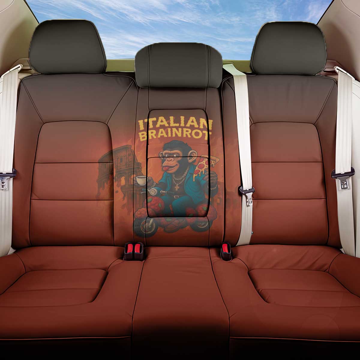 Italian Brainrot Meme Back Car Seat Cover Chaotic Chimp Mobster Vespa Ride - Wonder Print Shop