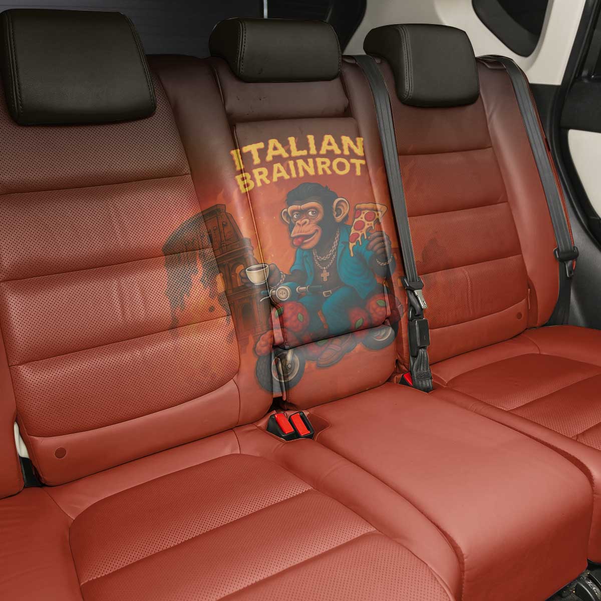 Italian Brainrot Meme Back Car Seat Cover Chaotic Chimp Mobster Vespa Ride - Wonder Print Shop