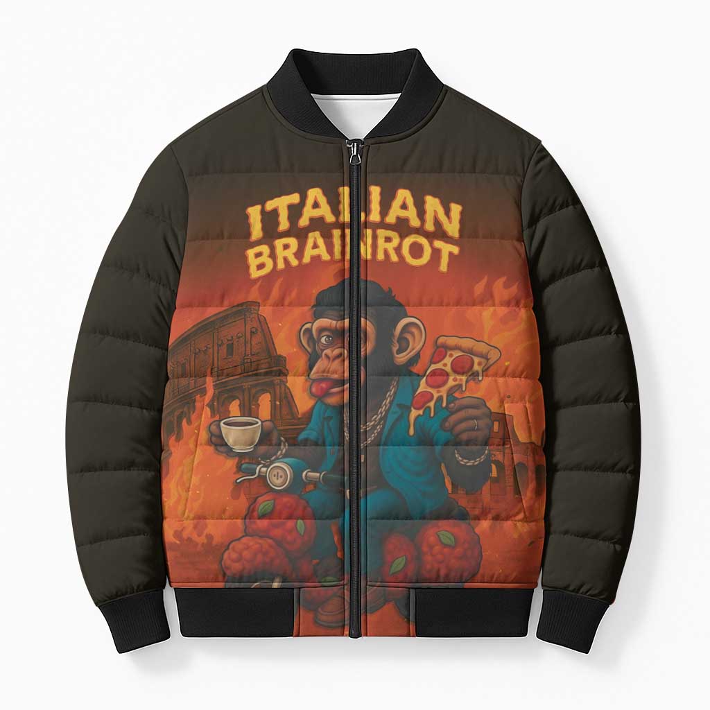 Italian Brainrot Meme Bomber Puffer Jacket Chaotic Chimp Mobster Vespa Ride - Wonder Print Shop