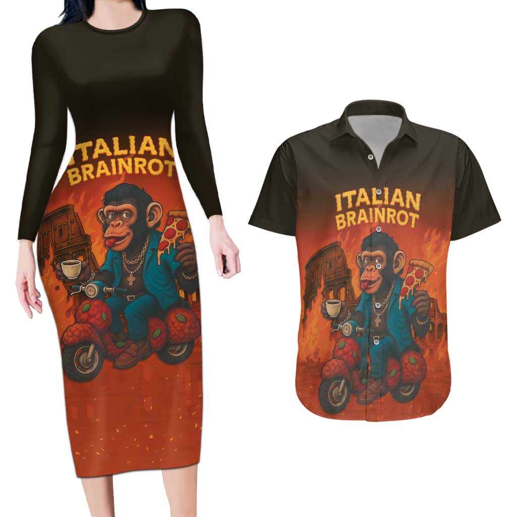 Italian Brainrot Meme Couples Matching Long Sleeve Bodycon Dress and Hawaiian Shirt Chaotic Chimp Mobster Vespa Ride - Wonder Print Shop