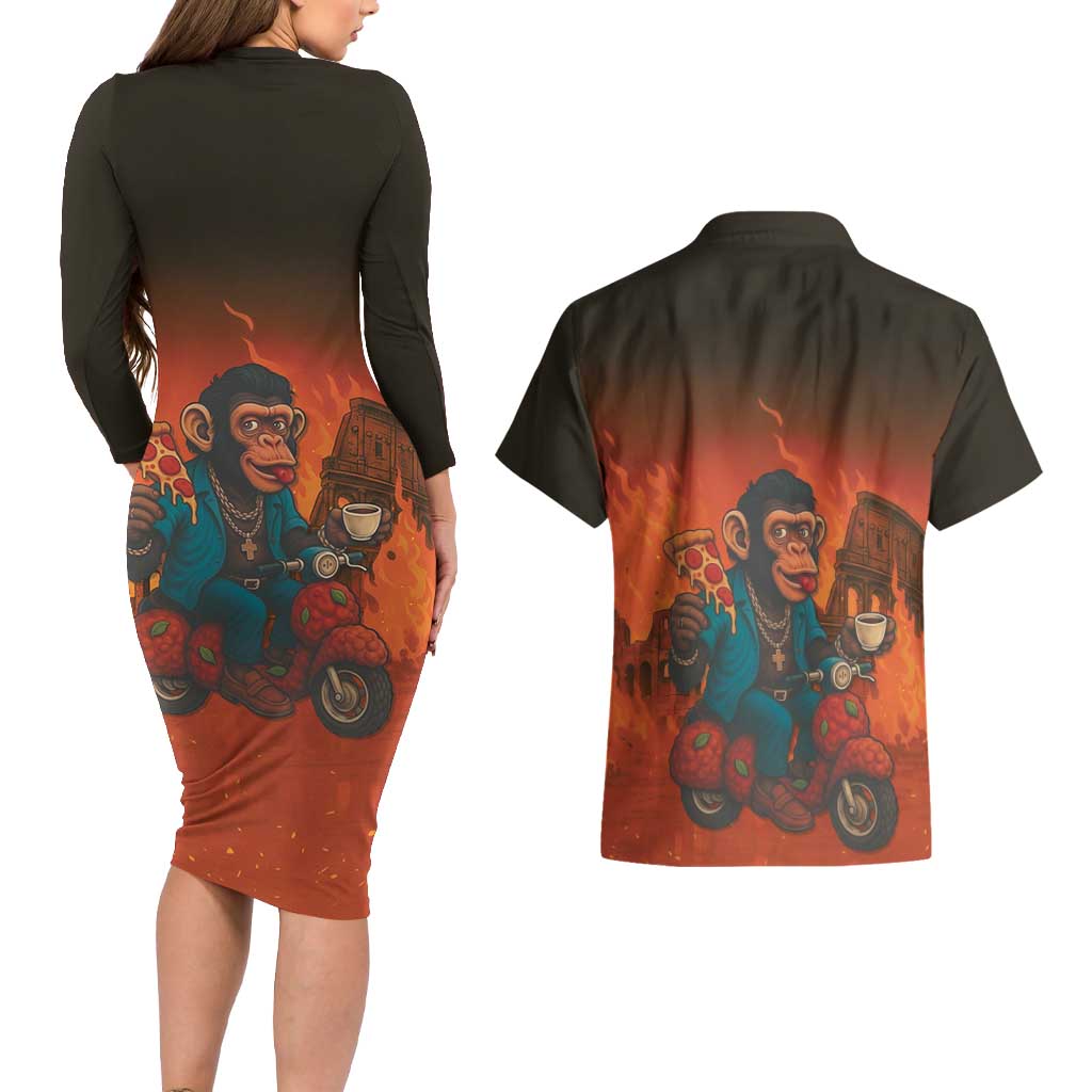 Italian Brainrot Meme Couples Matching Long Sleeve Bodycon Dress and Hawaiian Shirt Chaotic Chimp Mobster Vespa Ride - Wonder Print Shop