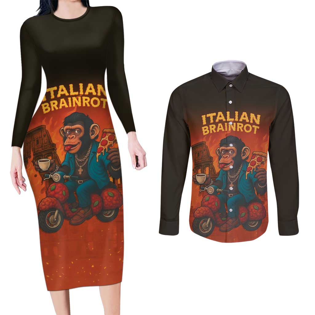 Italian Brainrot Meme Couples Matching Long Sleeve Bodycon Dress and Long Sleeve Button Shirt Chaotic Chimp Mobster Vespa Ride - Wonder Print Shop
