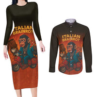 Italian Brainrot Meme Couples Matching Long Sleeve Bodycon Dress and Long Sleeve Button Shirt Chaotic Chimp Mobster Vespa Ride - Wonder Print Shop