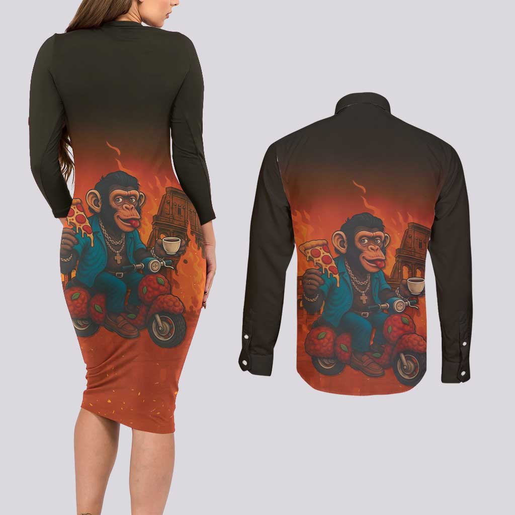 Italian Brainrot Meme Couples Matching Long Sleeve Bodycon Dress and Long Sleeve Button Shirt Chaotic Chimp Mobster Vespa Ride - Wonder Print Shop