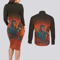 Italian Brainrot Meme Couples Matching Long Sleeve Bodycon Dress and Long Sleeve Button Shirt Chaotic Chimp Mobster Vespa Ride - Wonder Print Shop