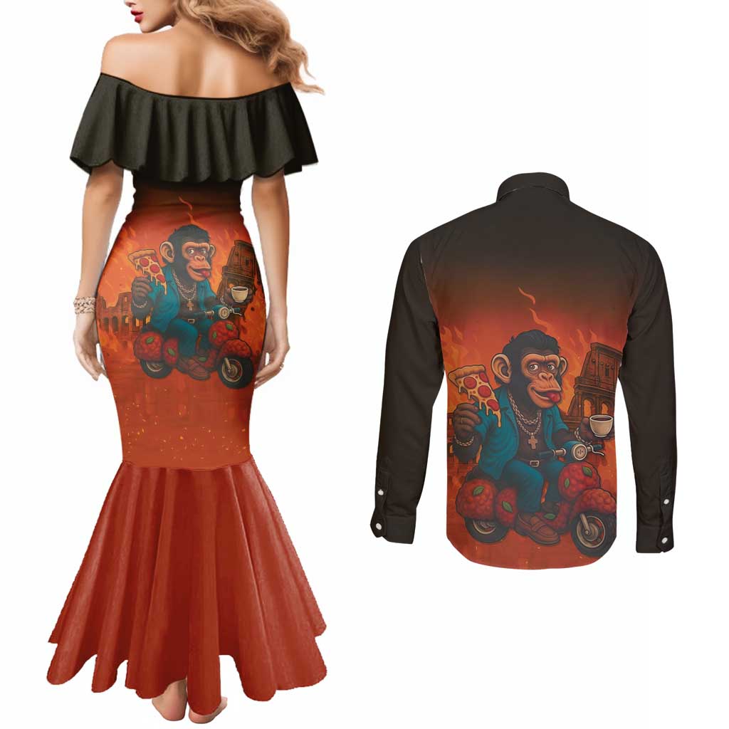 Italian Brainrot Meme Couples Matching Mermaid Dress and Long Sleeve Button Shirt Chaotic Chimp Mobster Vespa Ride - Wonder Print Shop