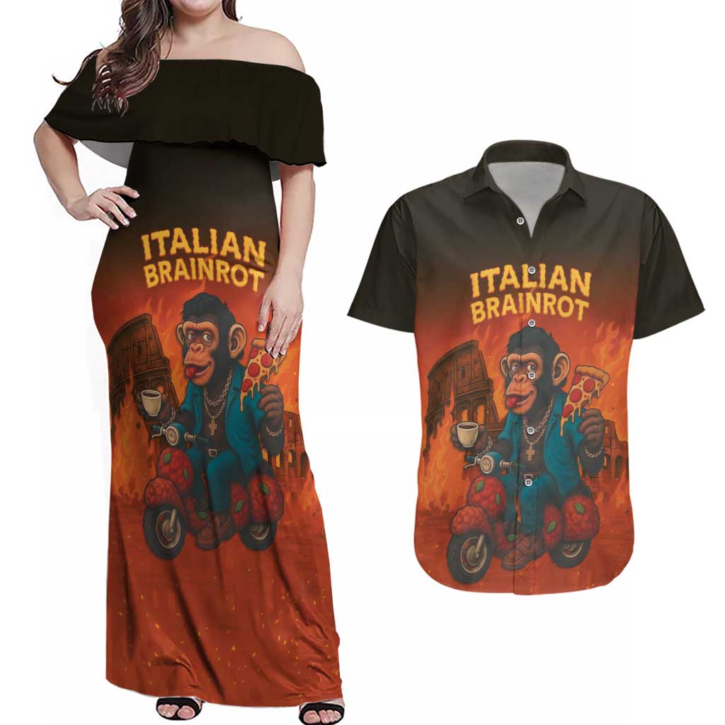 Italian Brainrot Meme Couples Matching Off Shoulder Maxi Dress and Hawaiian Shirt Chaotic Chimp Mobster Vespa Ride - Wonder Print Shop