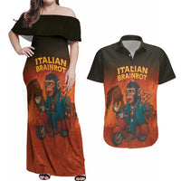 Italian Brainrot Meme Couples Matching Off Shoulder Maxi Dress and Hawaiian Shirt Chaotic Chimp Mobster Vespa Ride - Wonder Print Shop
