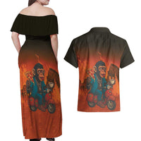 Italian Brainrot Meme Couples Matching Off Shoulder Maxi Dress and Hawaiian Shirt Chaotic Chimp Mobster Vespa Ride - Wonder Print Shop