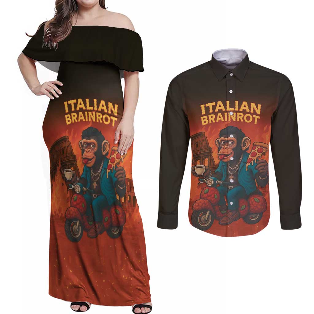 Italian Brainrot Meme Couples Matching Off Shoulder Maxi Dress and Long Sleeve Button Shirt Chaotic Chimp Mobster Vespa Ride - Wonder Print Shop