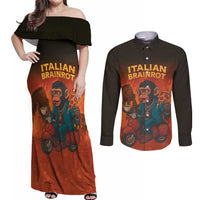 Italian Brainrot Meme Couples Matching Off Shoulder Maxi Dress and Long Sleeve Button Shirt Chaotic Chimp Mobster Vespa Ride - Wonder Print Shop