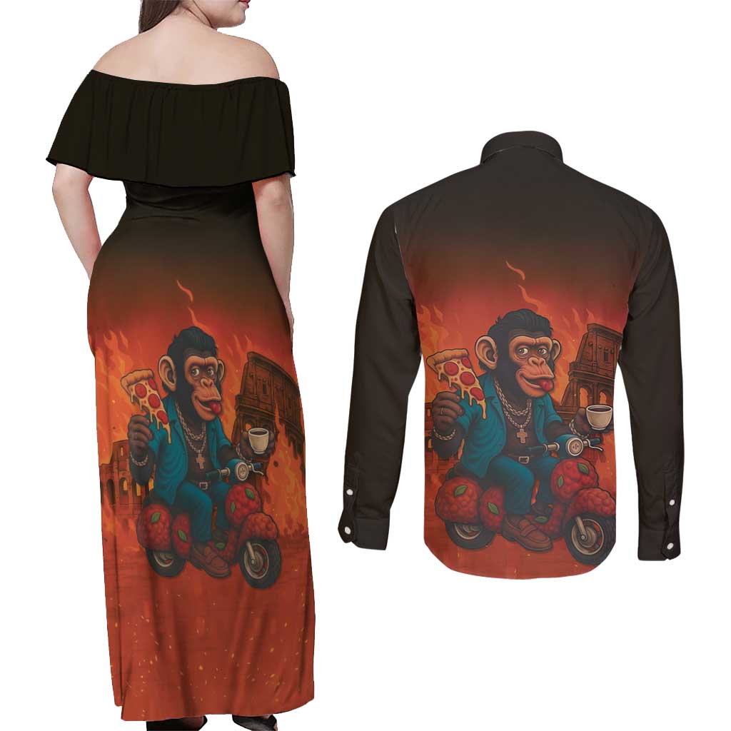 Italian Brainrot Meme Couples Matching Off Shoulder Maxi Dress and Long Sleeve Button Shirt Chaotic Chimp Mobster Vespa Ride - Wonder Print Shop