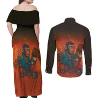 Italian Brainrot Meme Couples Matching Off Shoulder Maxi Dress and Long Sleeve Button Shirt Chaotic Chimp Mobster Vespa Ride - Wonder Print Shop