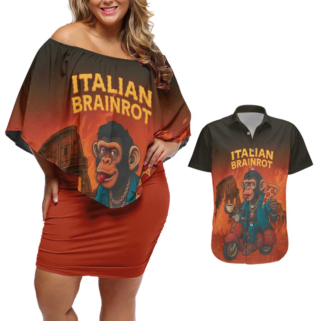 Italian Brainrot Meme Couples Matching Off Shoulder Short Dress and Hawaiian Shirt Chaotic Chimp Mobster Vespa Ride - Wonder Print Shop