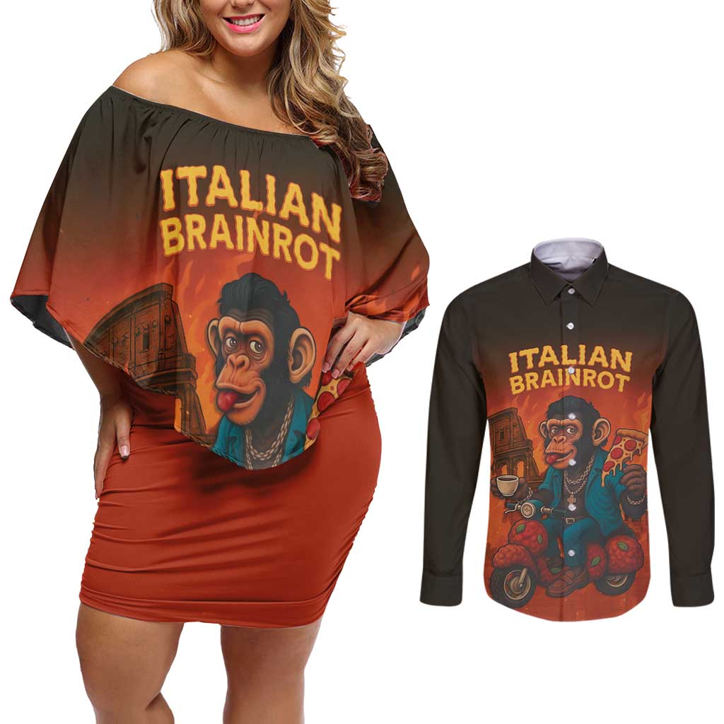 Italian Brainrot Meme Couples Matching Off Shoulder Short Dress and Long Sleeve Button Shirt Chaotic Chimp Mobster Vespa Ride - Wonder Print Shop
