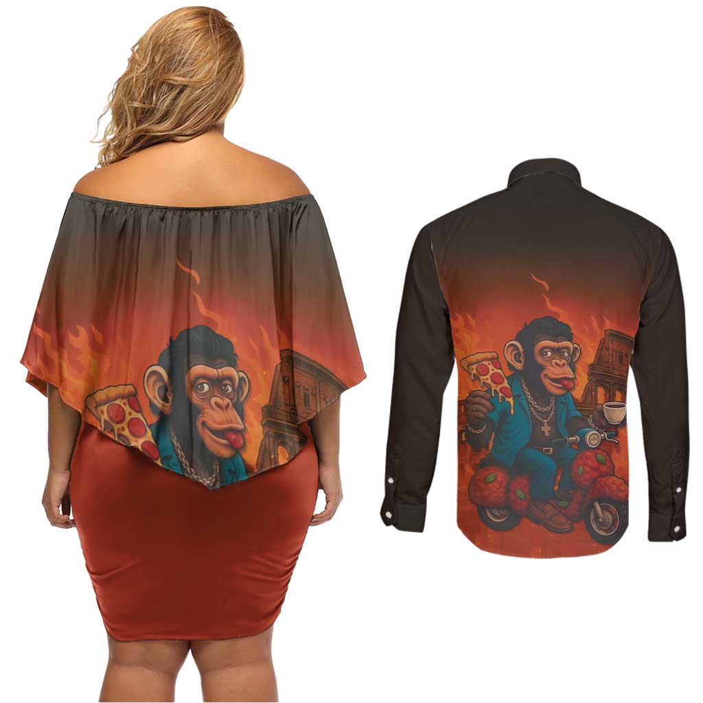Italian Brainrot Meme Couples Matching Off Shoulder Short Dress and Long Sleeve Button Shirt Chaotic Chimp Mobster Vespa Ride - Wonder Print Shop