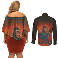 Italian Brainrot Meme Couples Matching Off Shoulder Short Dress and Long Sleeve Button Shirt Chaotic Chimp Mobster Vespa Ride - Wonder Print Shop