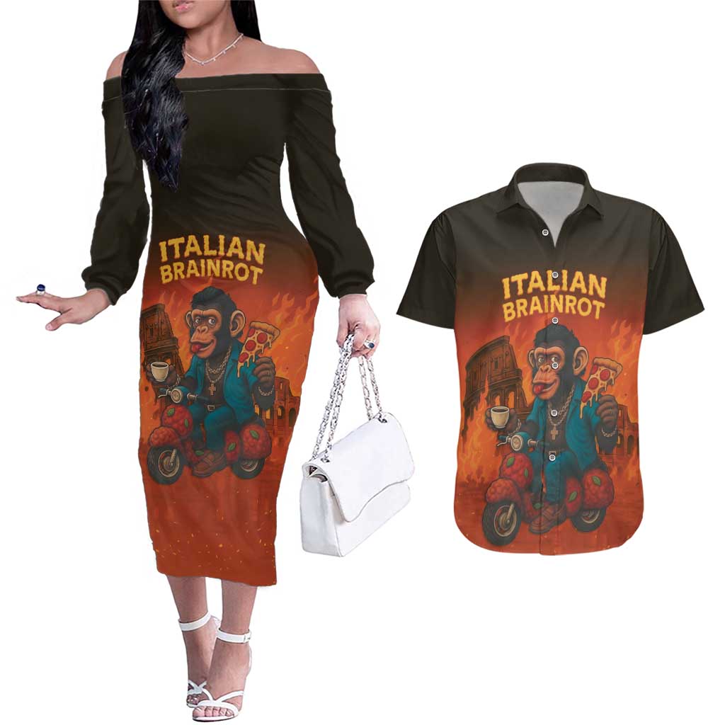 Italian Brainrot Meme Couples Matching Off The Shoulder Long Sleeve Dress and Hawaiian Shirt Chaotic Chimp Mobster Vespa Ride - Wonder Print Shop