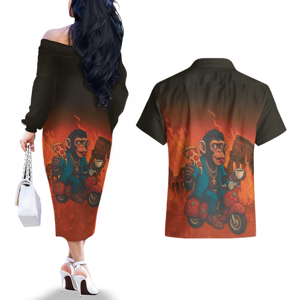 Italian Brainrot Meme Couples Matching Off The Shoulder Long Sleeve Dress and Hawaiian Shirt Chaotic Chimp Mobster Vespa Ride - Wonder Print Shop
