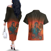 Italian Brainrot Meme Couples Matching Off The Shoulder Long Sleeve Dress and Hawaiian Shirt Chaotic Chimp Mobster Vespa Ride - Wonder Print Shop