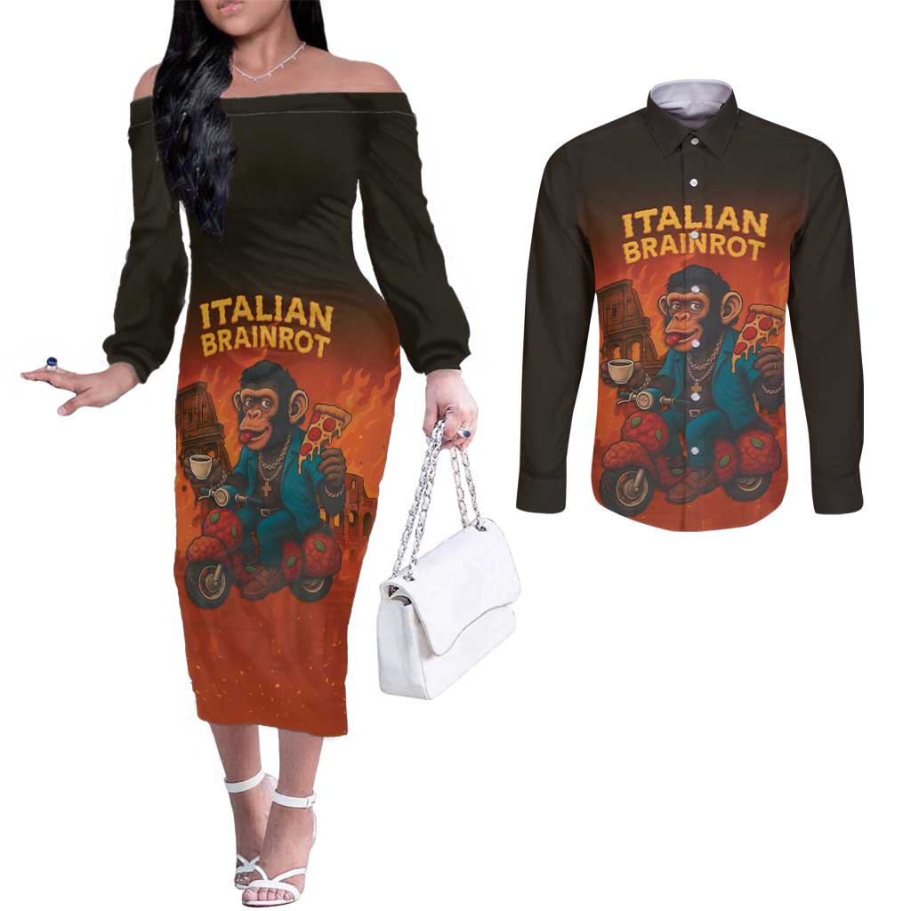 Italian Brainrot Meme Couples Matching Off The Shoulder Long Sleeve Dress and Long Sleeve Button Shirt Chaotic Chimp Mobster Vespa Ride - Wonder Print Shop
