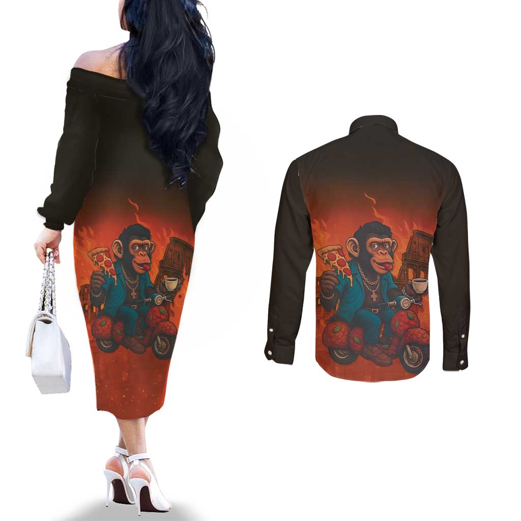 Italian Brainrot Meme Couples Matching Off The Shoulder Long Sleeve Dress and Long Sleeve Button Shirt Chaotic Chimp Mobster Vespa Ride - Wonder Print Shop