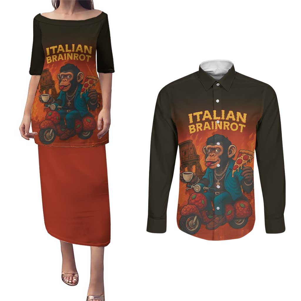Italian Brainrot Meme Couples Matching Puletasi and Long Sleeve Button Shirt Chaotic Chimp Mobster Vespa Ride - Wonder Print Shop