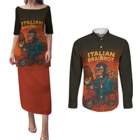 Italian Brainrot Meme Couples Matching Puletasi and Long Sleeve Button Shirt Chaotic Chimp Mobster Vespa Ride - Wonder Print Shop