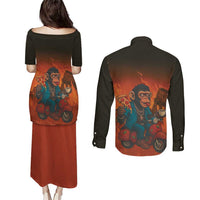 Italian Brainrot Meme Couples Matching Puletasi and Long Sleeve Button Shirt Chaotic Chimp Mobster Vespa Ride - Wonder Print Shop
