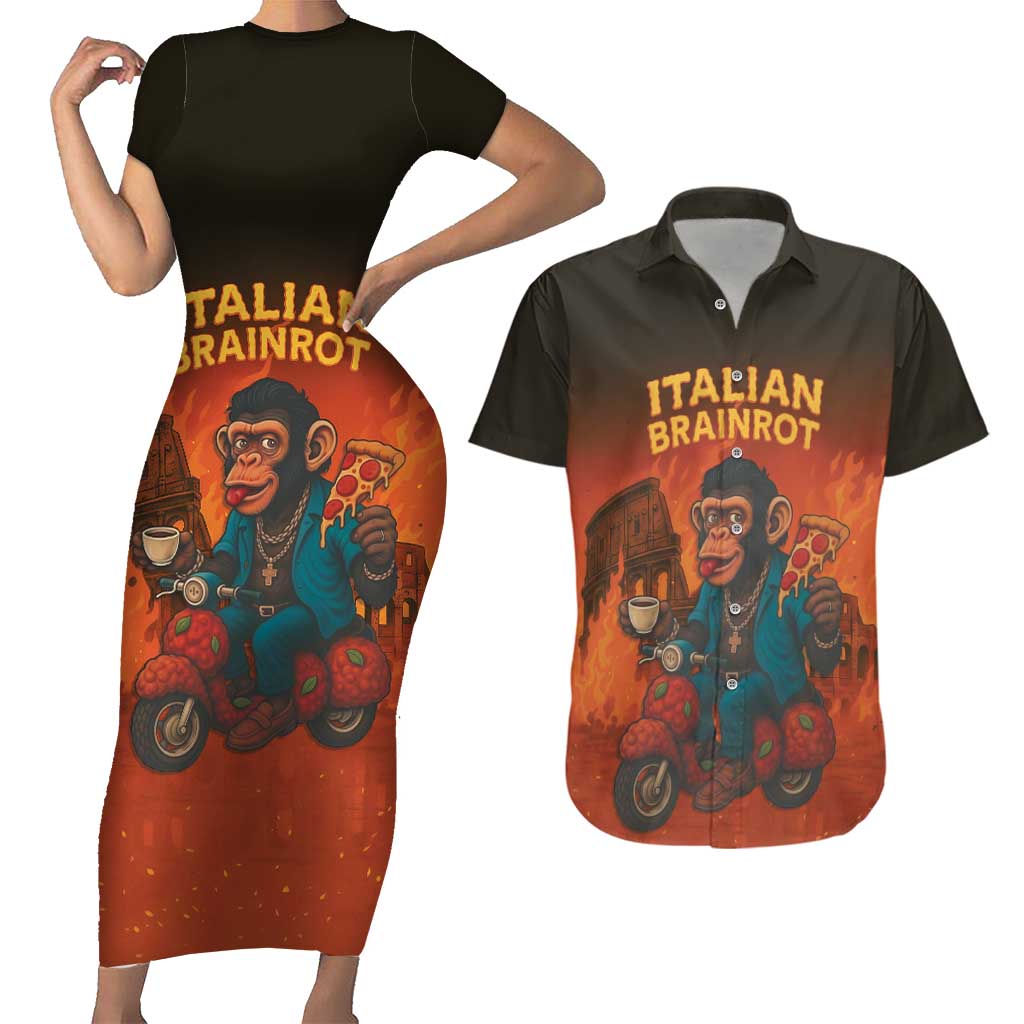 Italian Brainrot Meme Couples Matching Short Sleeve Bodycon Dress and Hawaiian Shirt Chaotic Chimp Mobster Vespa Ride - Wonder Print Shop