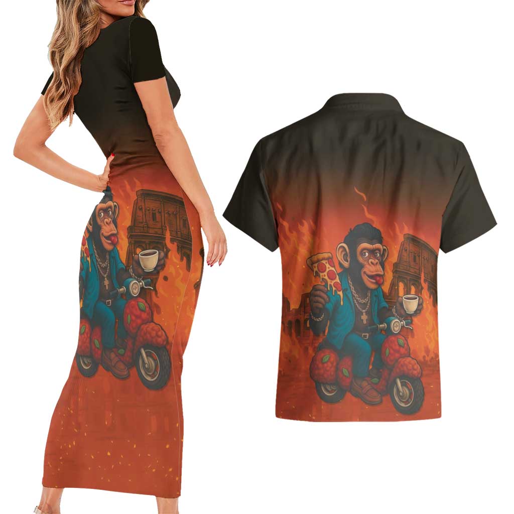 Italian Brainrot Meme Couples Matching Short Sleeve Bodycon Dress and Hawaiian Shirt Chaotic Chimp Mobster Vespa Ride - Wonder Print Shop