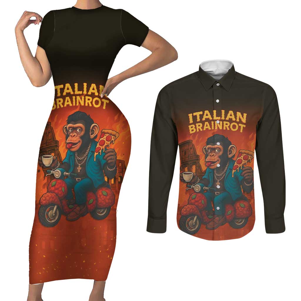 Italian Brainrot Meme Couples Matching Short Sleeve Bodycon Dress and Long Sleeve Button Shirt Chaotic Chimp Mobster Vespa Ride - Wonder Print Shop