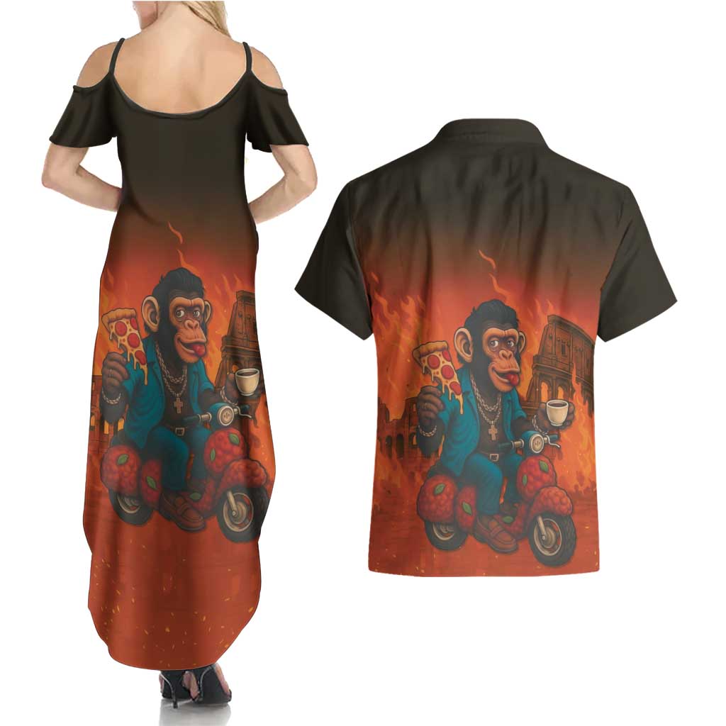 Italian Brainrot Meme Couples Matching Summer Maxi Dress and Hawaiian Shirt Chaotic Chimp Mobster Vespa Ride - Wonder Print Shop