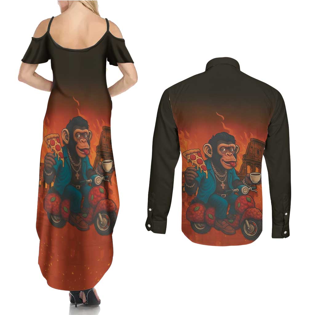 Italian Brainrot Meme Couples Matching Summer Maxi Dress and Long Sleeve Button Shirt Chaotic Chimp Mobster Vespa Ride - Wonder Print Shop