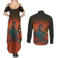 Italian Brainrot Meme Couples Matching Summer Maxi Dress and Long Sleeve Button Shirt Chaotic Chimp Mobster Vespa Ride - Wonder Print Shop