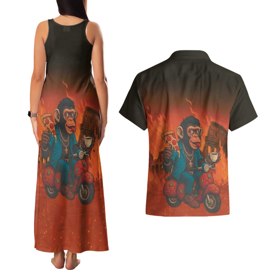 Italian Brainrot Meme Couples Matching Tank Maxi Dress and Hawaiian Shirt Chaotic Chimp Mobster Vespa Ride - Wonder Print Shop