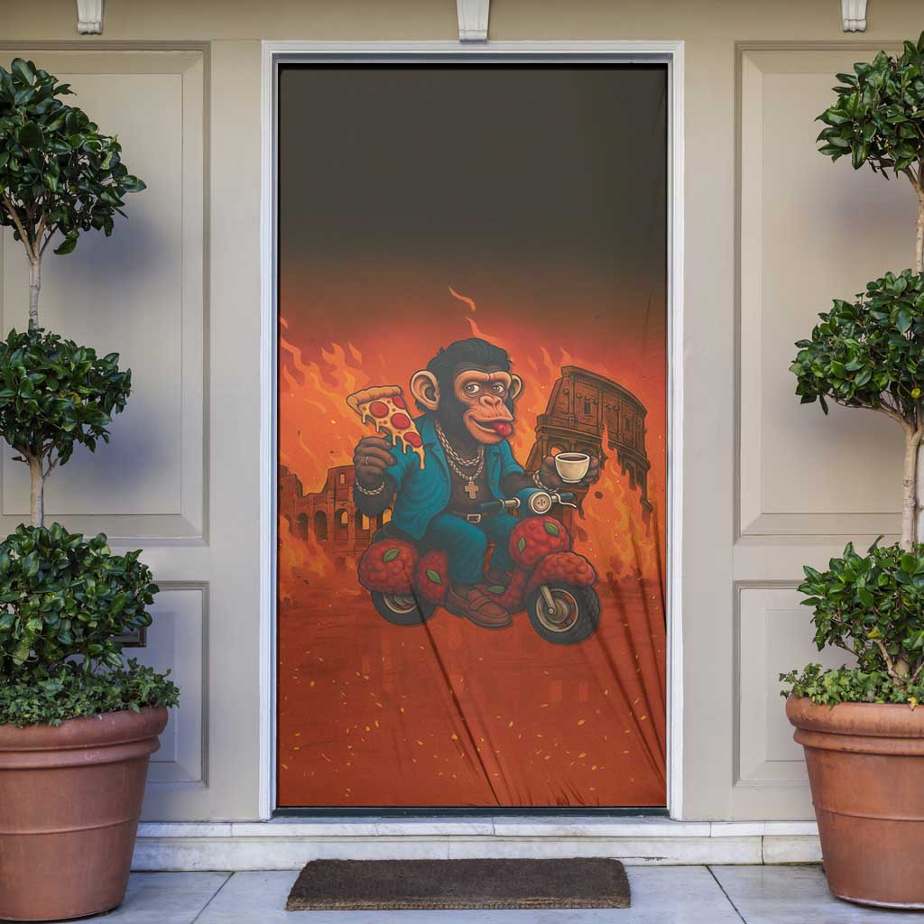 Italian Brainrot Meme Door Cover Chaotic Chimp Mobster Vespa Ride - Wonder Print Shop