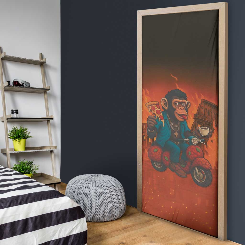 Italian Brainrot Meme Door Cover Chaotic Chimp Mobster Vespa Ride - Wonder Print Shop
