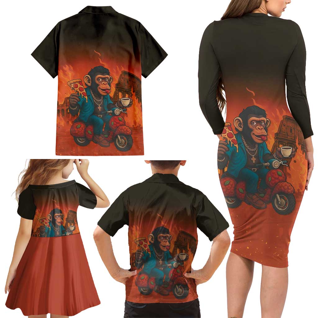 Italian Brainrot Meme Family Matching Long Sleeve Bodycon Dress and Hawaiian Shirt Chaotic Chimp Mobster Vespa Ride - Wonder Print Shop